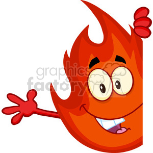 Royalty Free RF Clipart Illustration Cute Fire Cartoon Mascot Character  Looking Around A Blank Sign And Waving clipart