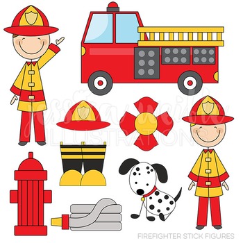 Firefighter Stick Figures Cute Digital Clipart, Fire Truck Graphics