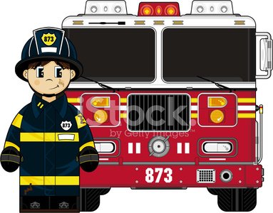 Cute Fireman with Fire Engine Clipart Image