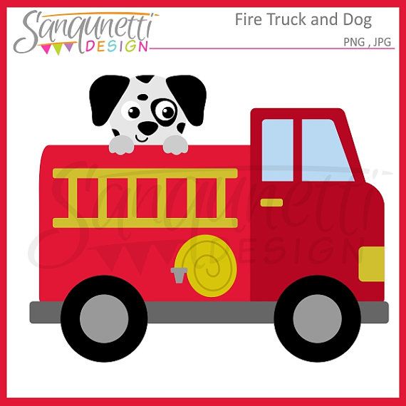 Fire Truck clipart with dalmatian, transportation digital