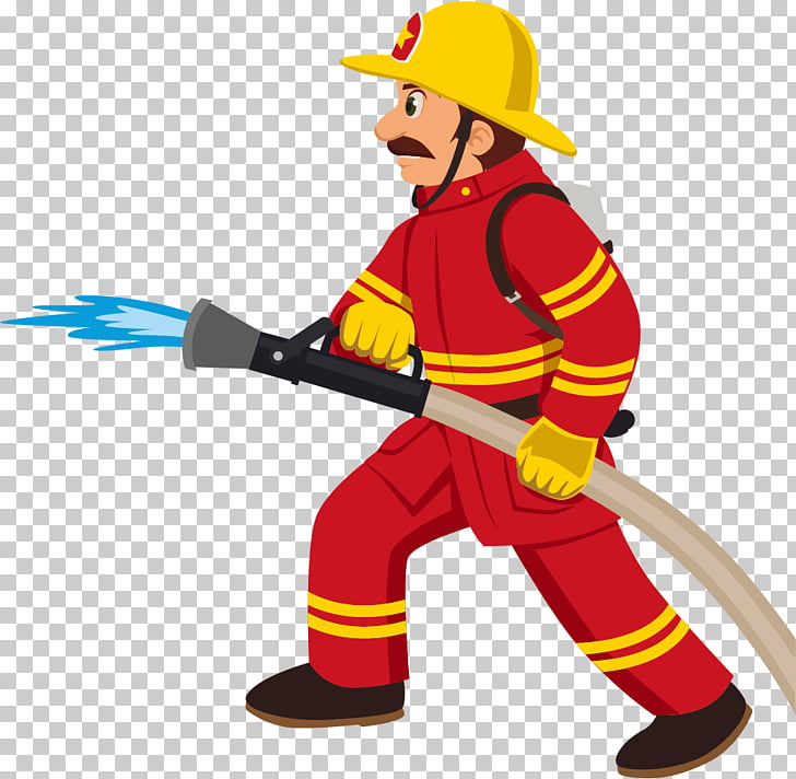 Cartoon fireman, male firefighter holding fire hose