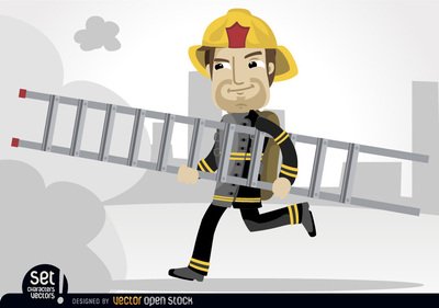 Free Fireman running with rescue ladders Clipart and Vector