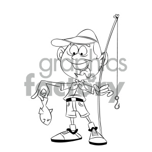 Black and white cartoon boy scout character fishing clipart
