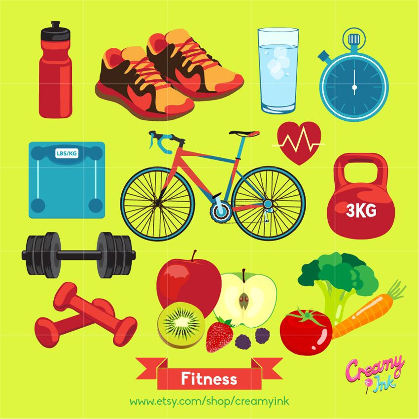Fitness digital clip art featuring healthy lifestyle such as