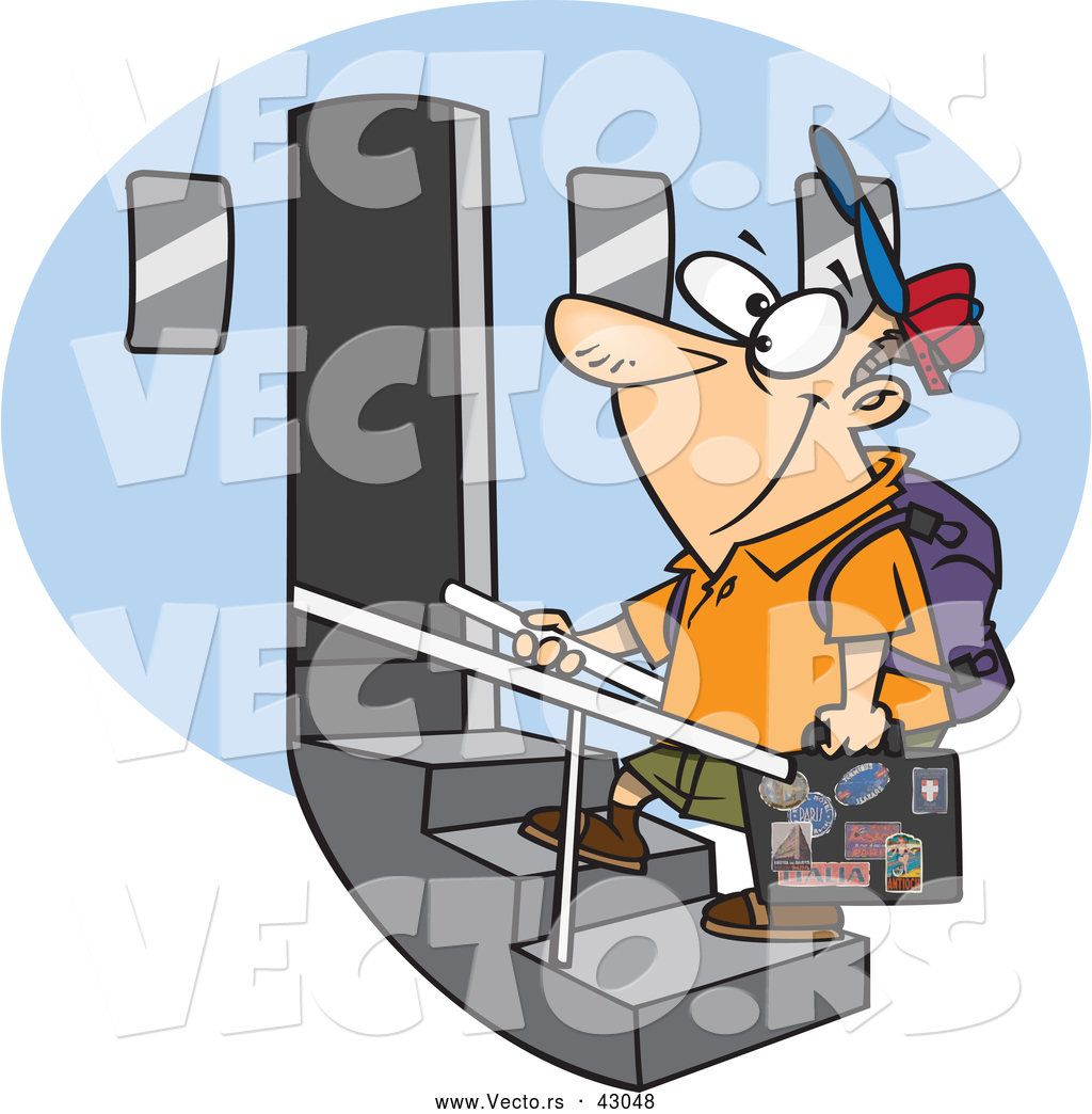 Vector of a Happy Male Cartoon Tourist Boarding an Airplane