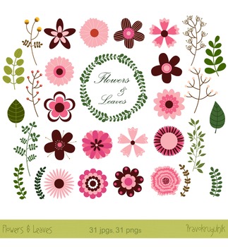 Flower clipart, Retro Flowers, Modern flowers clip art in pink and brown