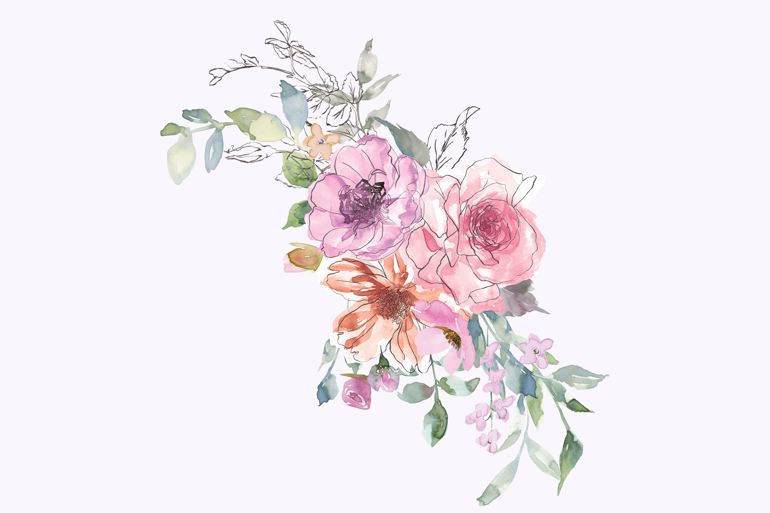 Watercolor Subtle Pastels Flowers Clipart Sketch Style Flora
