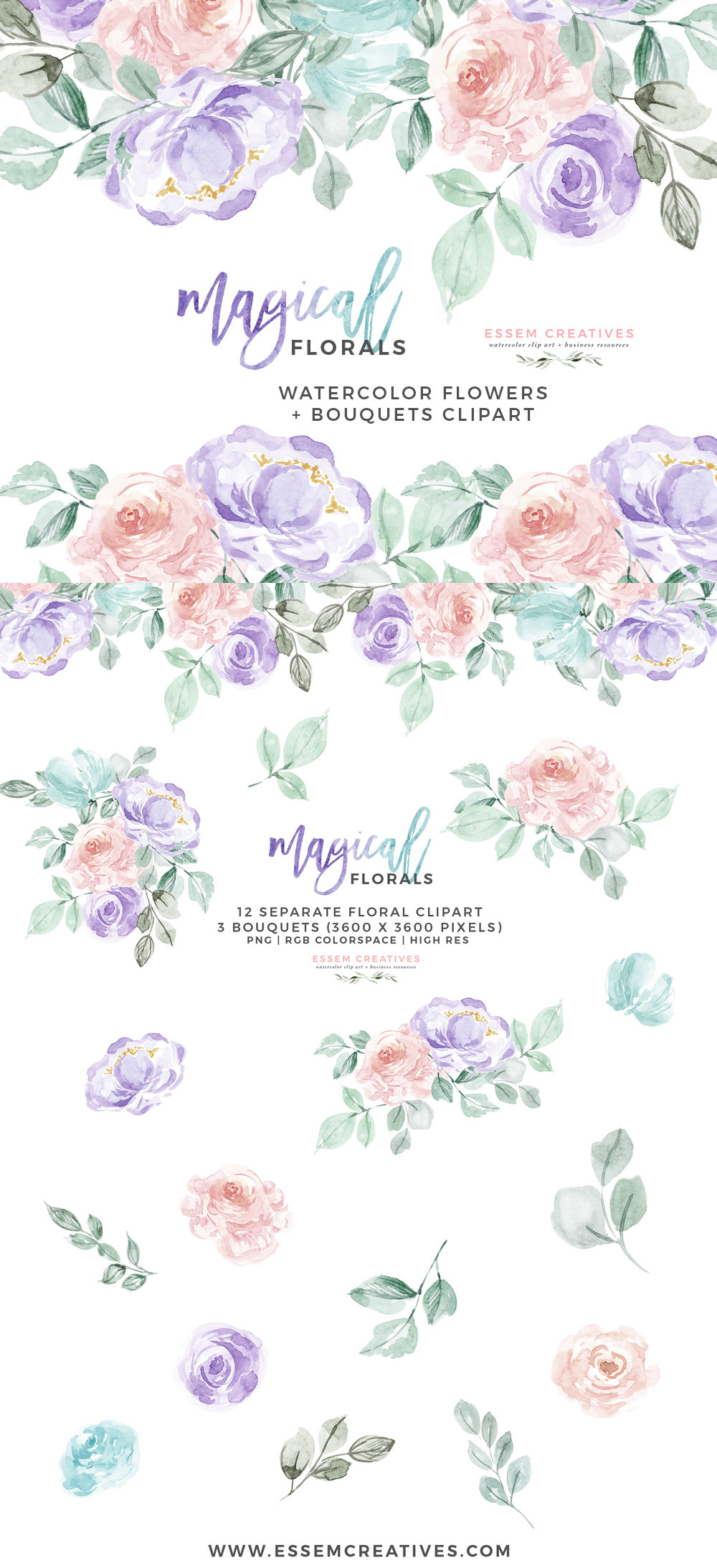 Watercolor Flowers Clipart PNG with transparent background, Purple Pink  Pastel Floral Graphics