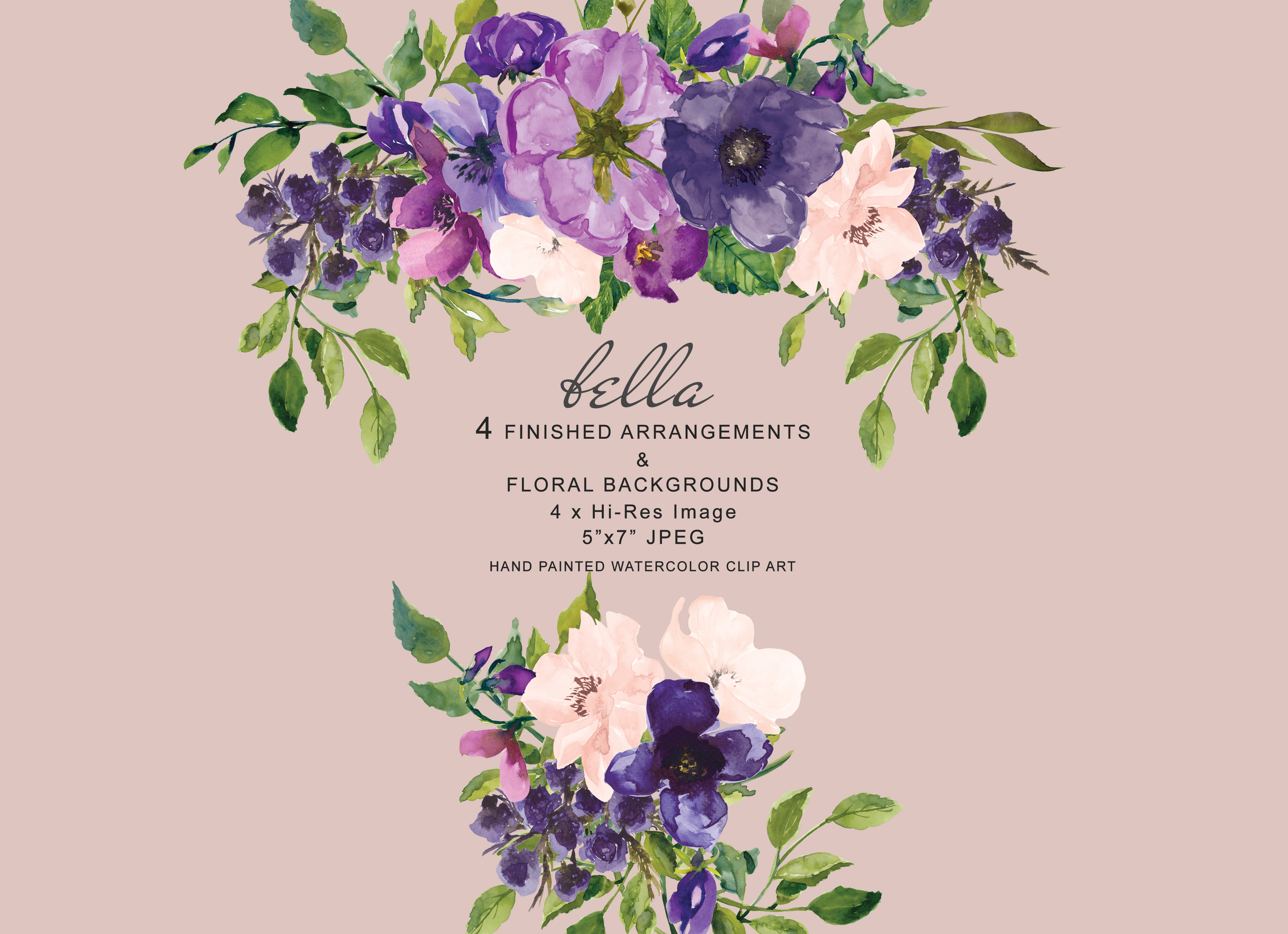 Watercolor Purple and Blush Pink Floral Arrangements Clipart