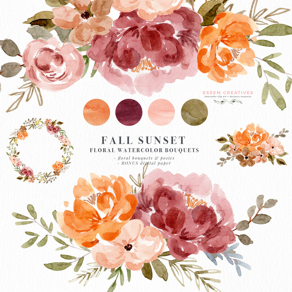 Watercolor Fall Floral Clipart, Orange Rust Thanksgiving Invitation Flowers  Graphics