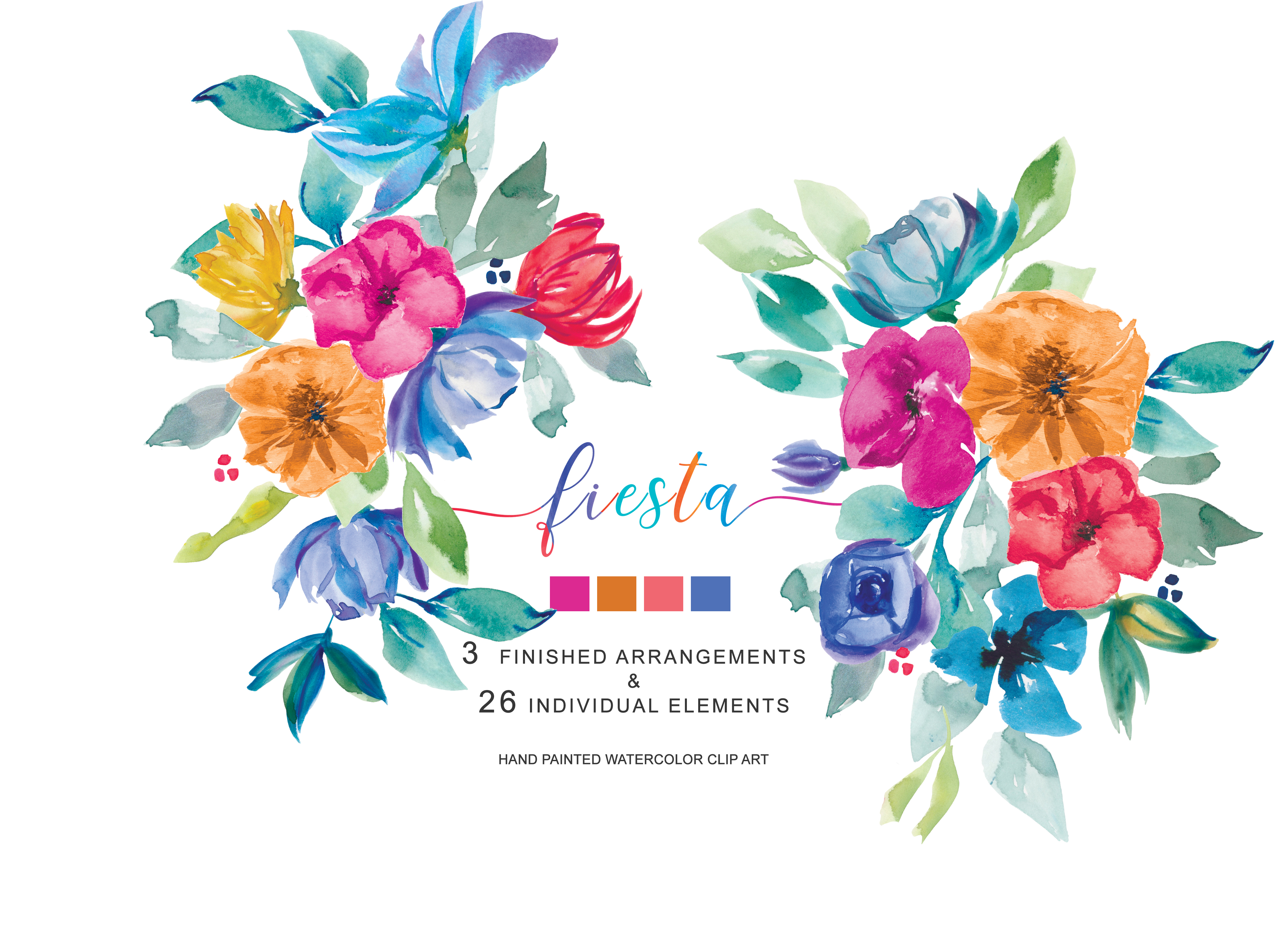Hand Painted Colorful Watercolor and Gouache Floral Clipart