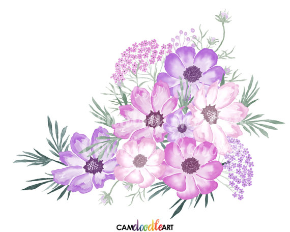 Pink and Purple Watercolor Flowers Clipart Set,Hand Painted