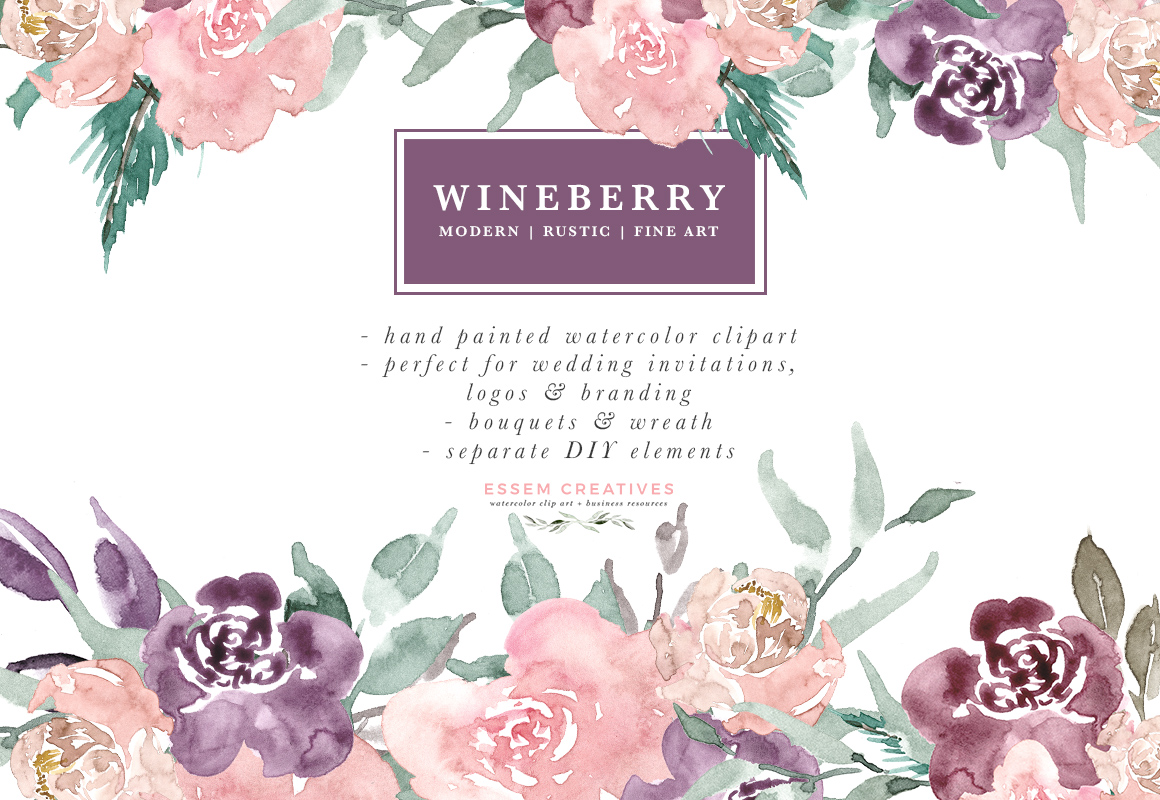 Wine Berry Burgundy Watercolor Flowers Clipart, Watercolor Bouquets Wreaths  for Wedding Invitations