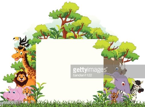 Cute animal cartoon with blank sign and tropical forest