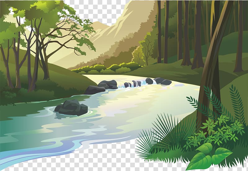 River and forest illustration, Natural landscape Cartoon