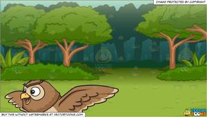 A cute flying night owl and A Lush Green Forest Background