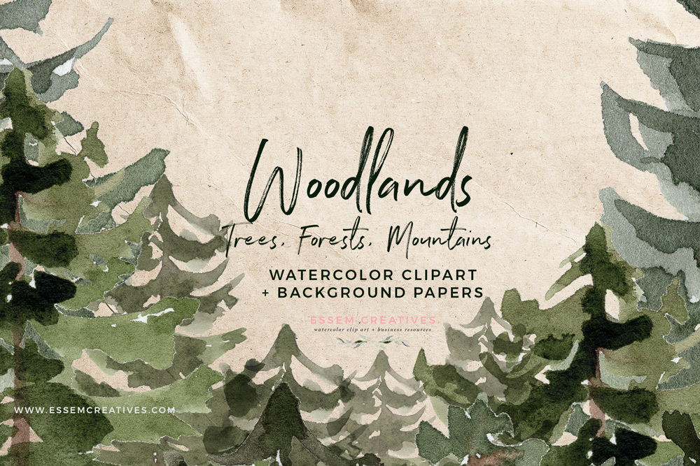 Rustic Woodland Trees Mountain Pine Forest Watercolor Clipart