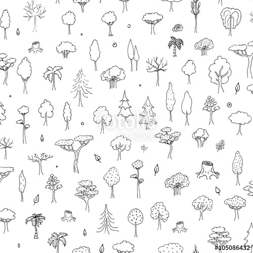 Seamless background hand drawn doodle Tree and Forest set