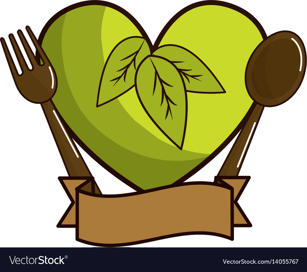 Green heart with spoon fork and ribbon