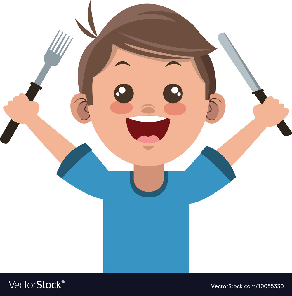 Happy boy cartoon holding fork and knife icon