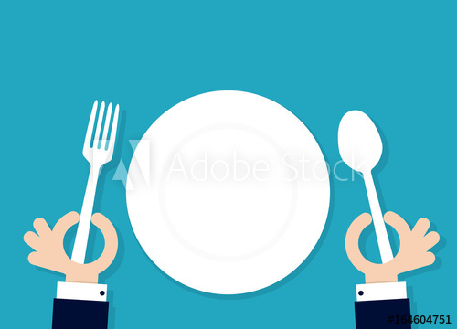 Cartoon hahds holding fork and spoon with empty plate