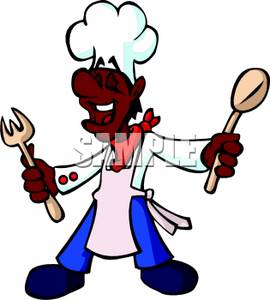 A Colorful Cartoon of an Ethnic Chef Holding a Fork and