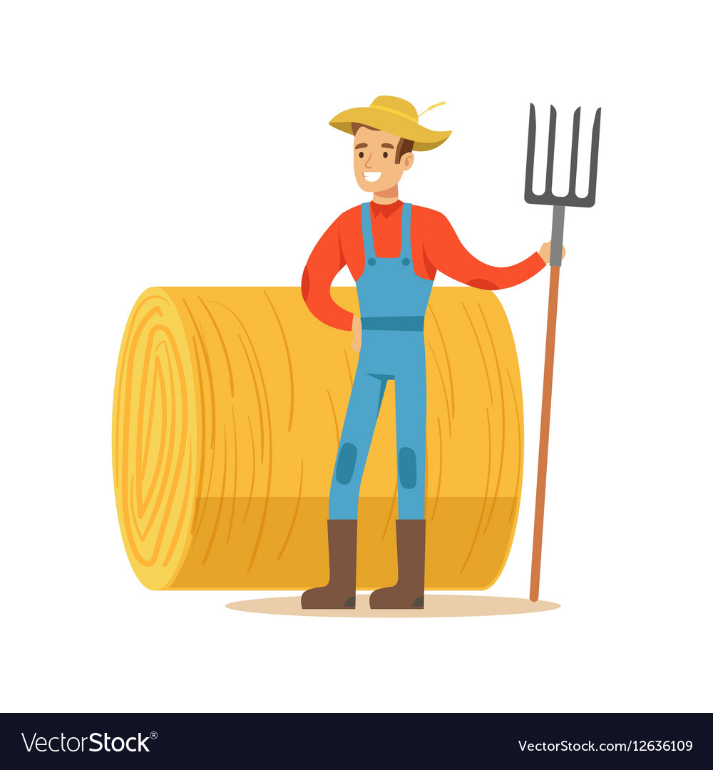 Man With Fork Standing Next To Hay Stack Farmer