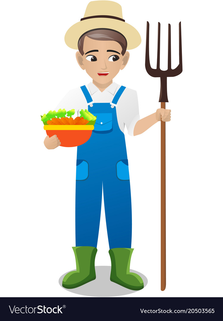 Male farmer holding fork and vegetable