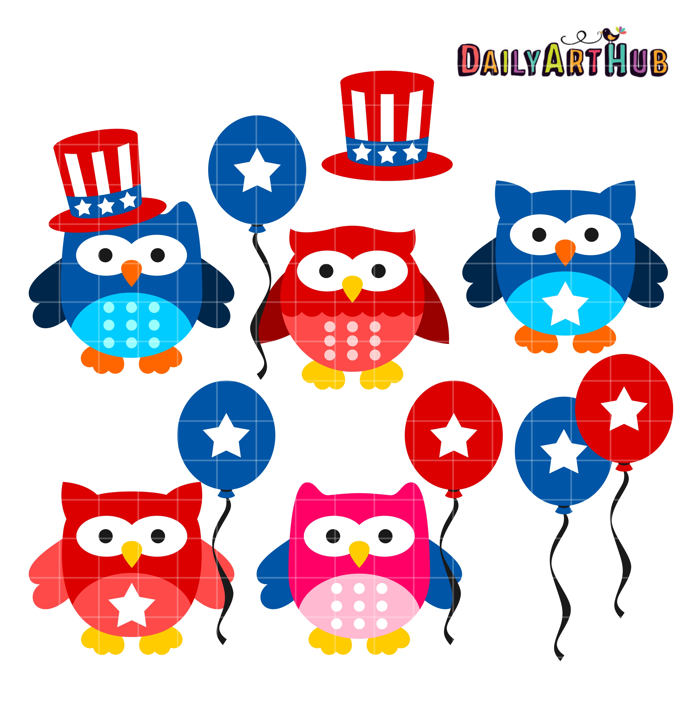 4th Of July Owls Clip Art Set