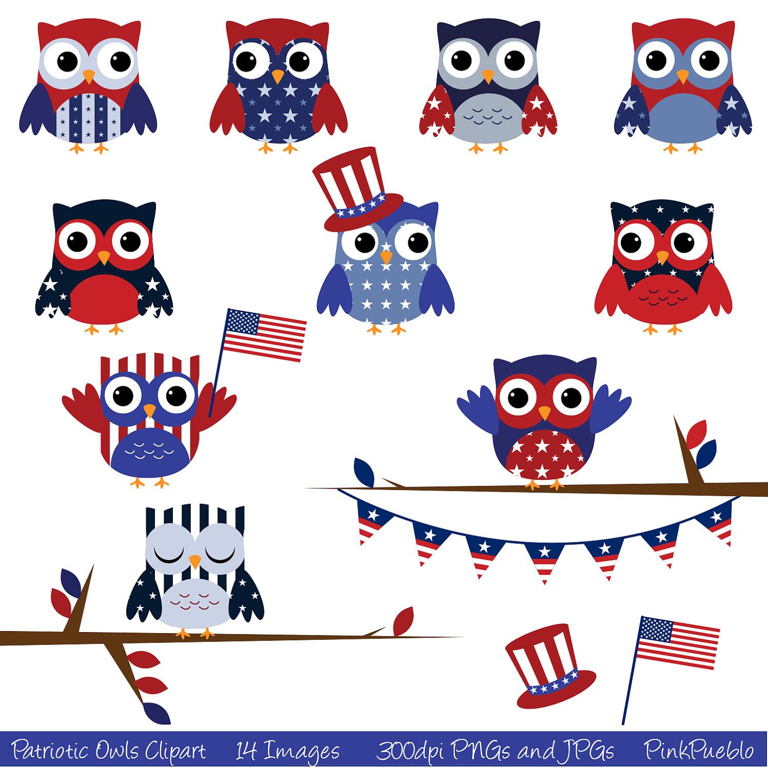 Patriotic Owls Clipart Clip Art, Fourth of July Owls Clipart