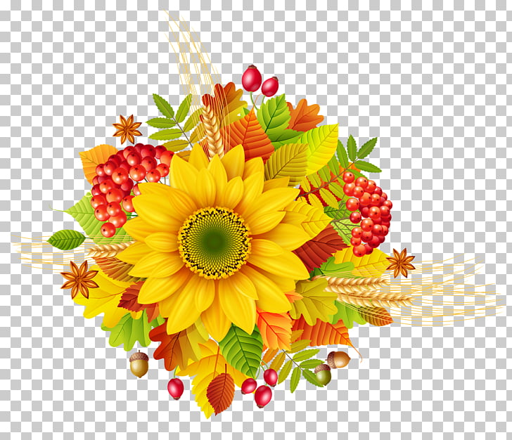 Autumn Flower , Autumn Decor , yellow sunflower with fruits