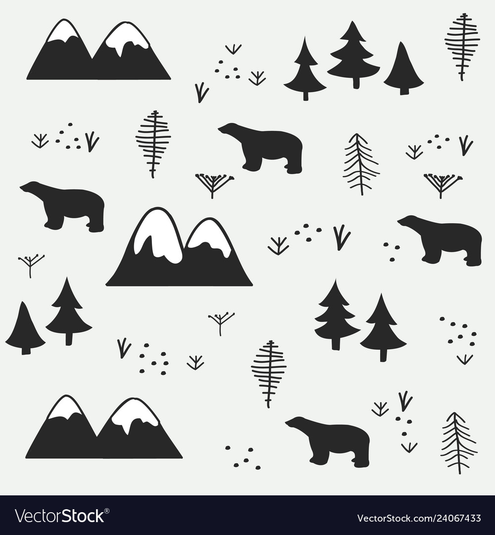 Polar bear mountain and forest seamless pattern
