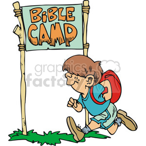 Black and white little boy running to bible camp clipart