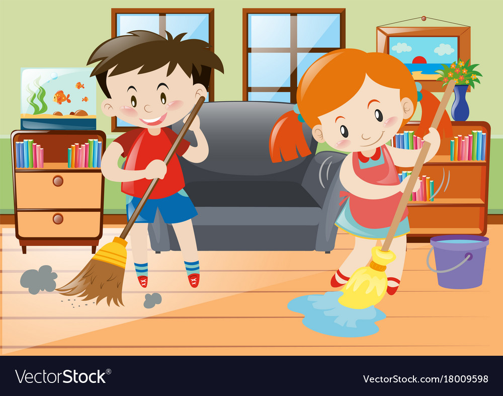 Boy and girl doing chores in the house