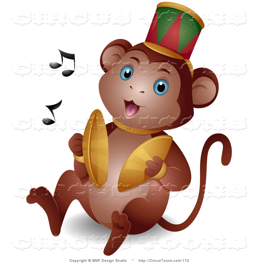 Circus Clipart of a Cute Circus Monkey Banging Gold Cymbals