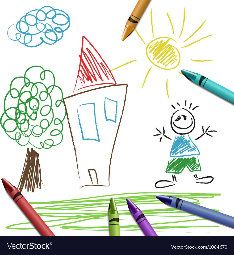 Crayon set with kid drawing