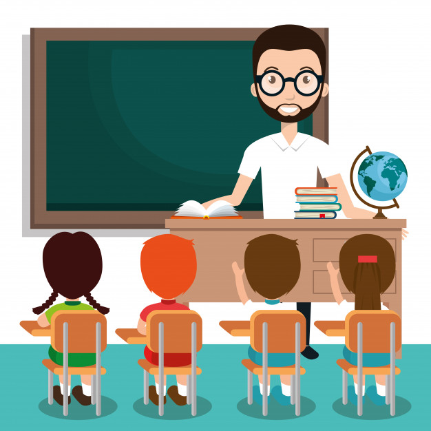 Man teacher with students in the classroom Vector