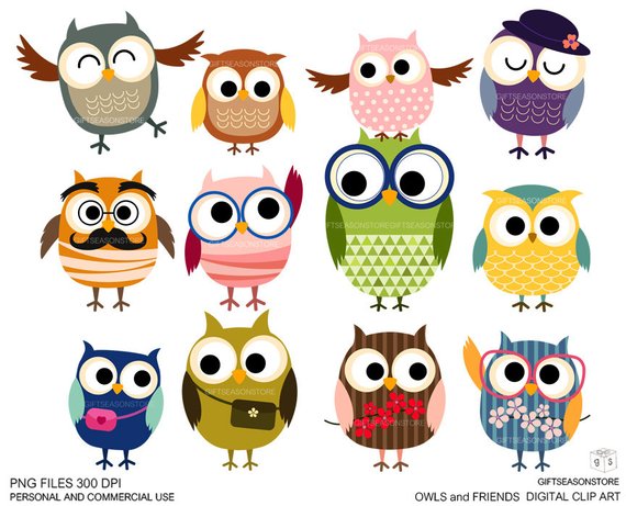 Owls and friends Digital clip art for Personal and