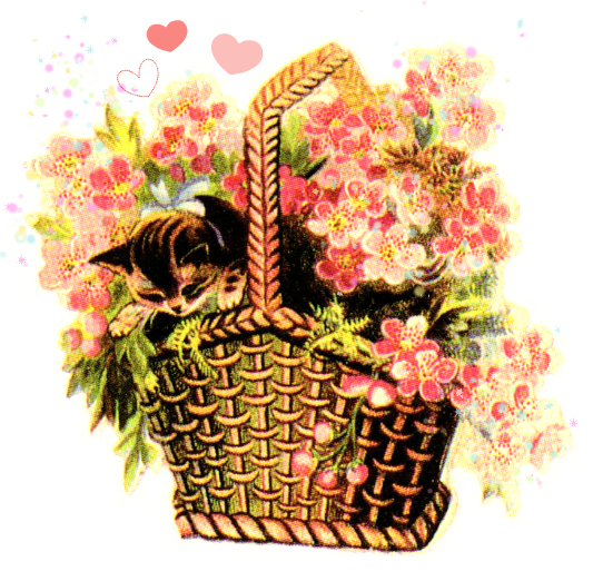Public domain vintage clipart kitten in basket of flowers