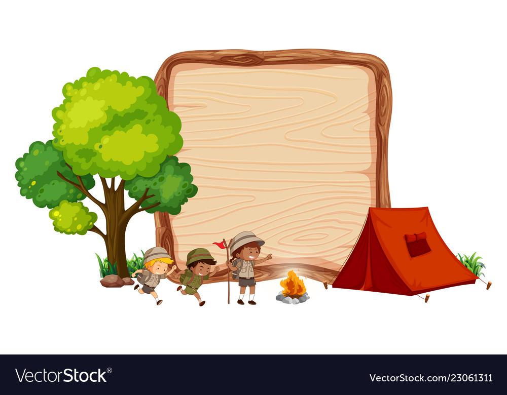 Camping kids on wooden banner