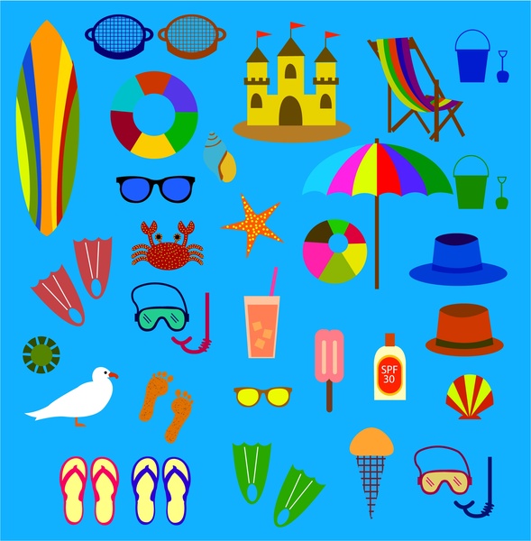 Beach symbol icons isolated with various colored types Free