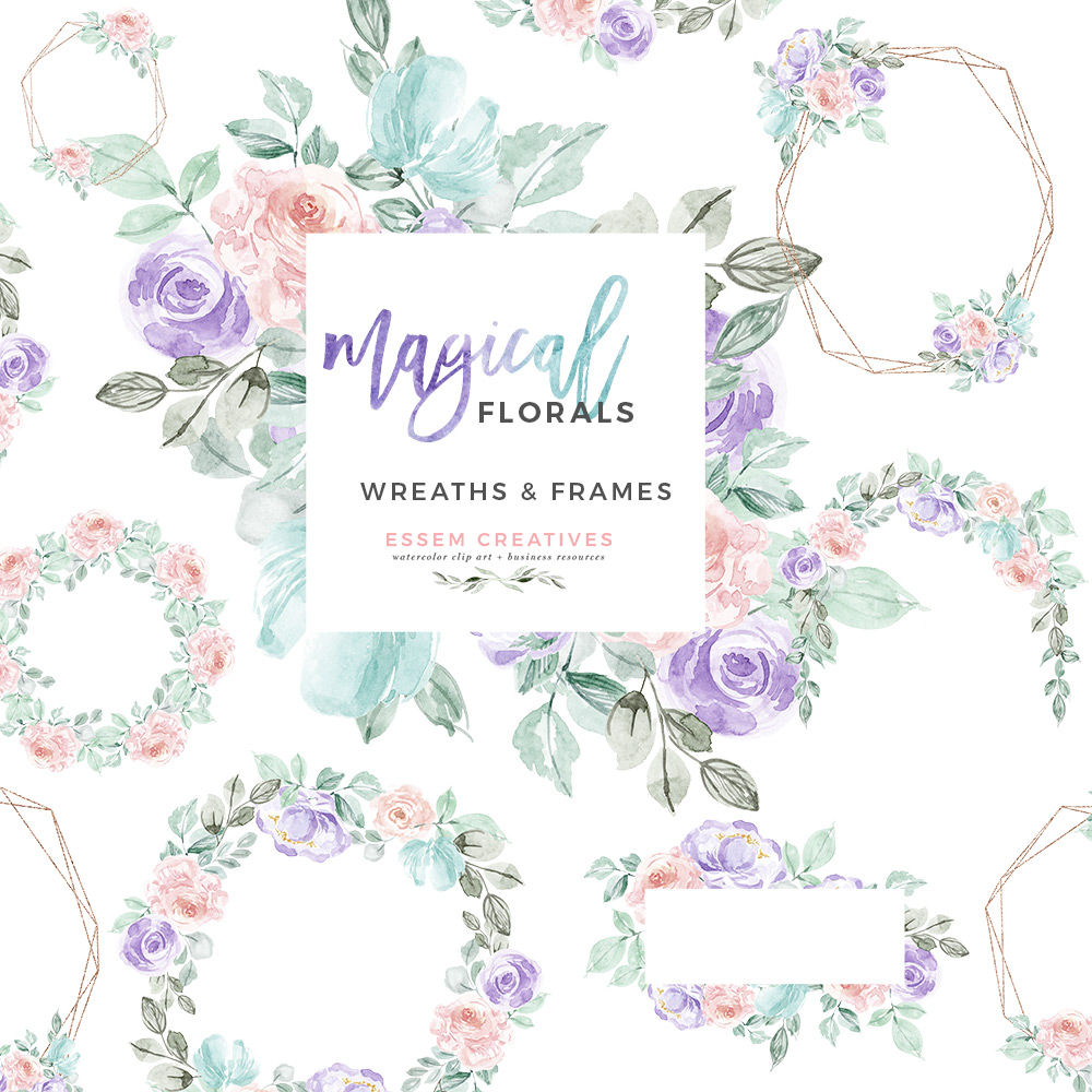 Watercolor Winter Floral Wreath Frames Clipart, Unicorn Rainbow Magical  Flowers Graphics PNG Wedding Invitations