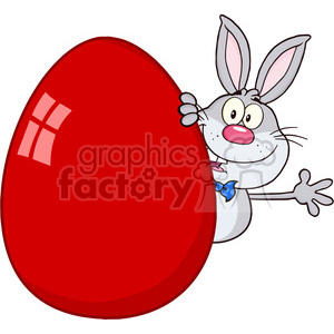 Royalty Free RF Clipart Illustration Cute Gray Rabbit Cartoon Character  Waving Behinde Easter Egg clipart