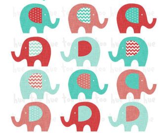 Instant download red aqua elephant clip art, turquoise blue