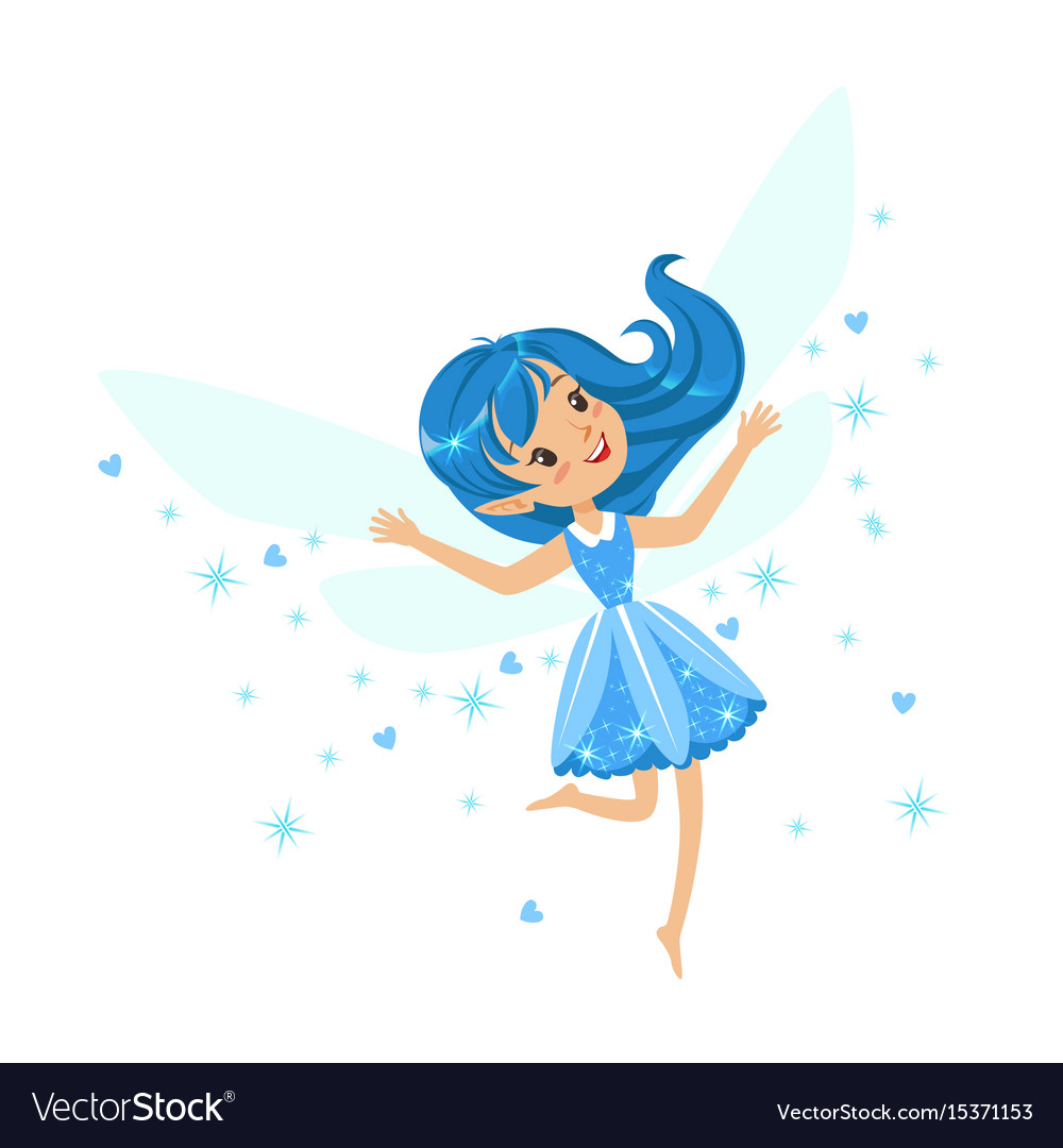 Beautiful smiling blue fairy girl flying colorful