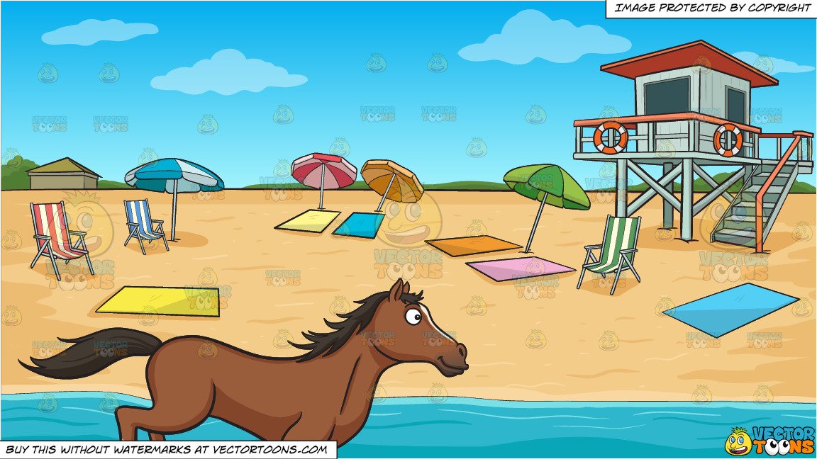 A Horse Running Wild And Free and Summer Beach Shore Background