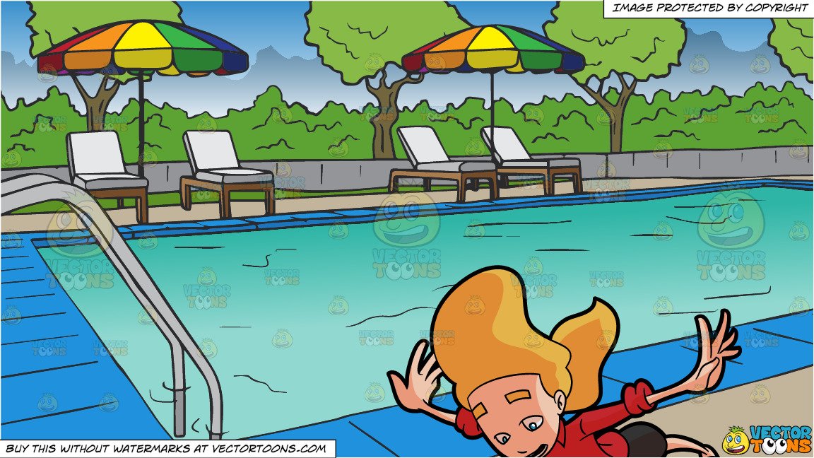 A Woman Free Falling Down and A Swimming Pool At A Hotel Background