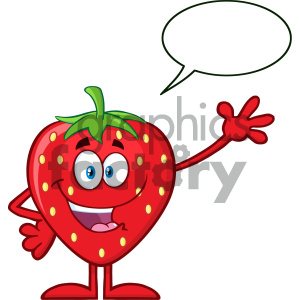 Royalty Free RF Clipart Illustration Happy Strawberry Fruit Cartoon Mascot  Character Waving For Greeting With Speech Bubble Vector Illustration