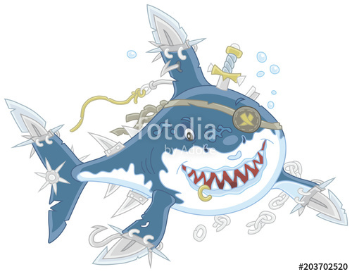 Perfidiously smiling Great White Shark Pirate with fins