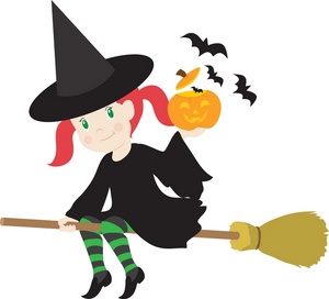 Clipart Illustration of Little Witch Riding a Broom While